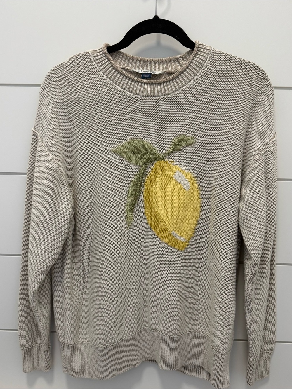 American Eagle Outfitters Cream Knit Crewneck with Yellow Lemon Motif